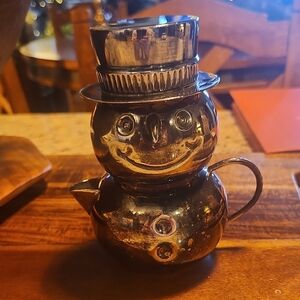 Vintage Pottery Barn Silverplated Snowman Stackable Sugar And Creamer